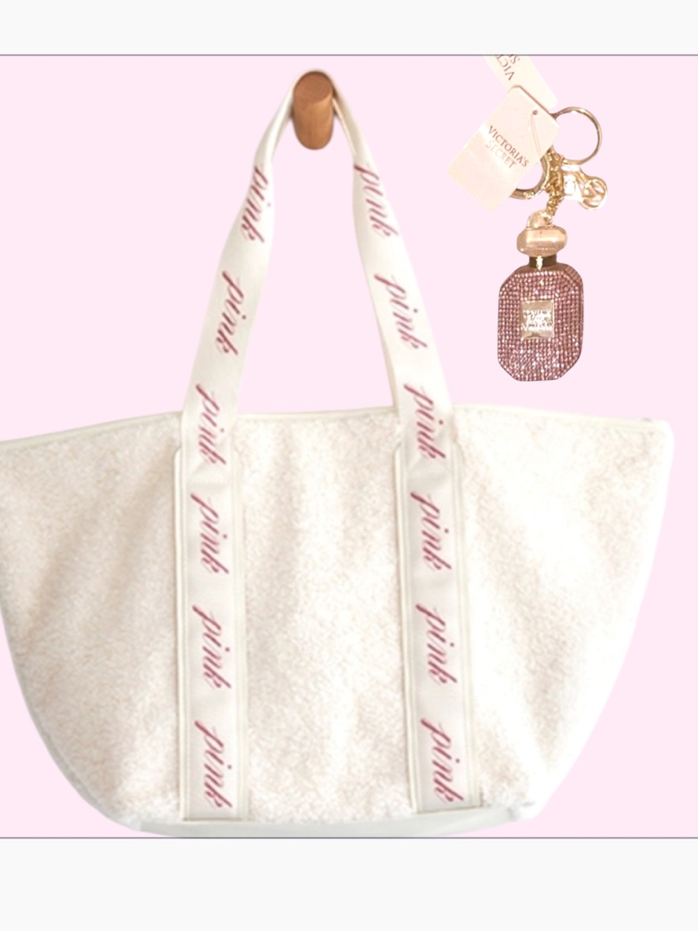 VS PINK Sherpa Tote with Pink logo & Rhinestone BOMBSHELL keychain